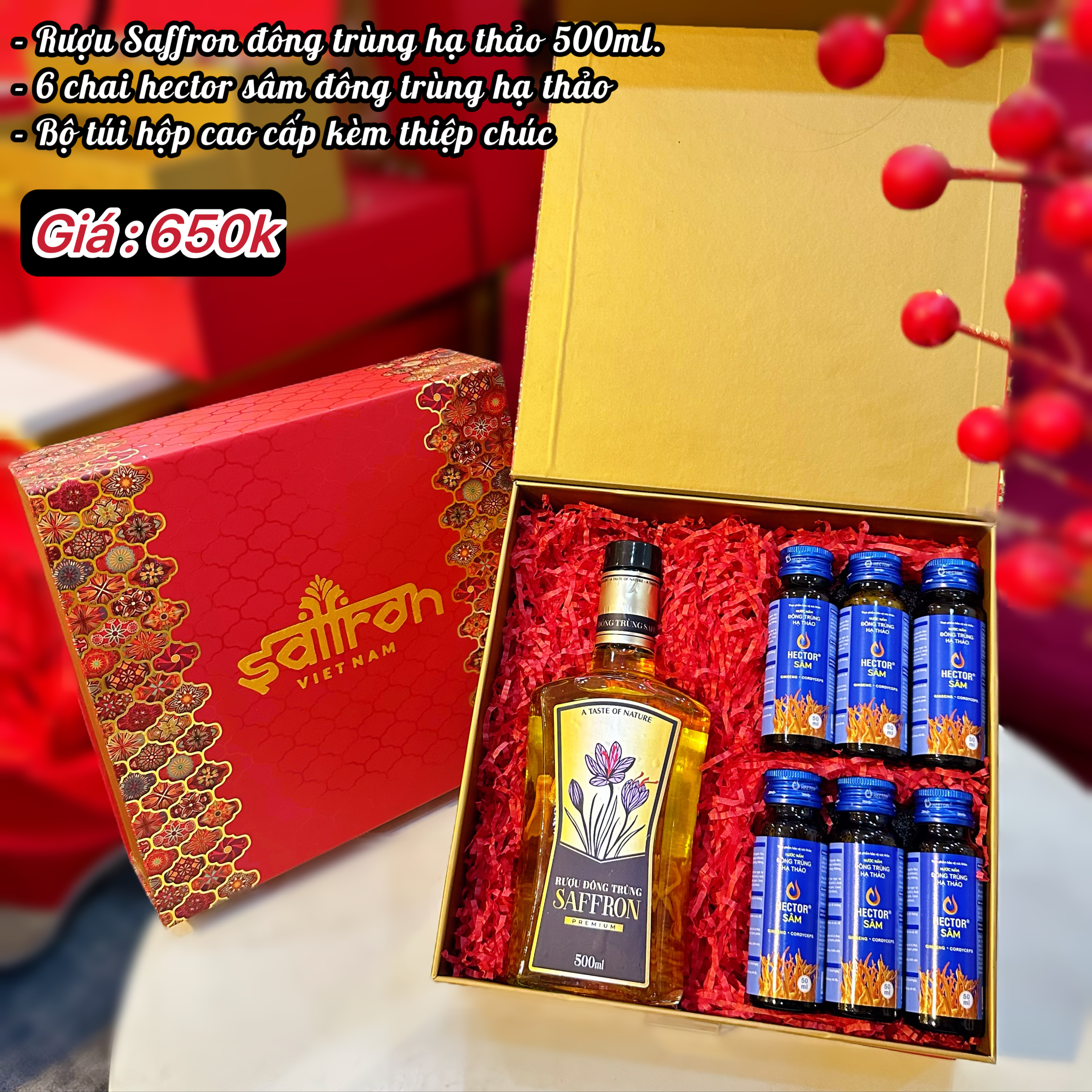 HỘP QUÀ NILA #1 [Rượu Saffron đông trùng hạ thảo 500ml + 6 chai sâm đông trùng hạ thảo]