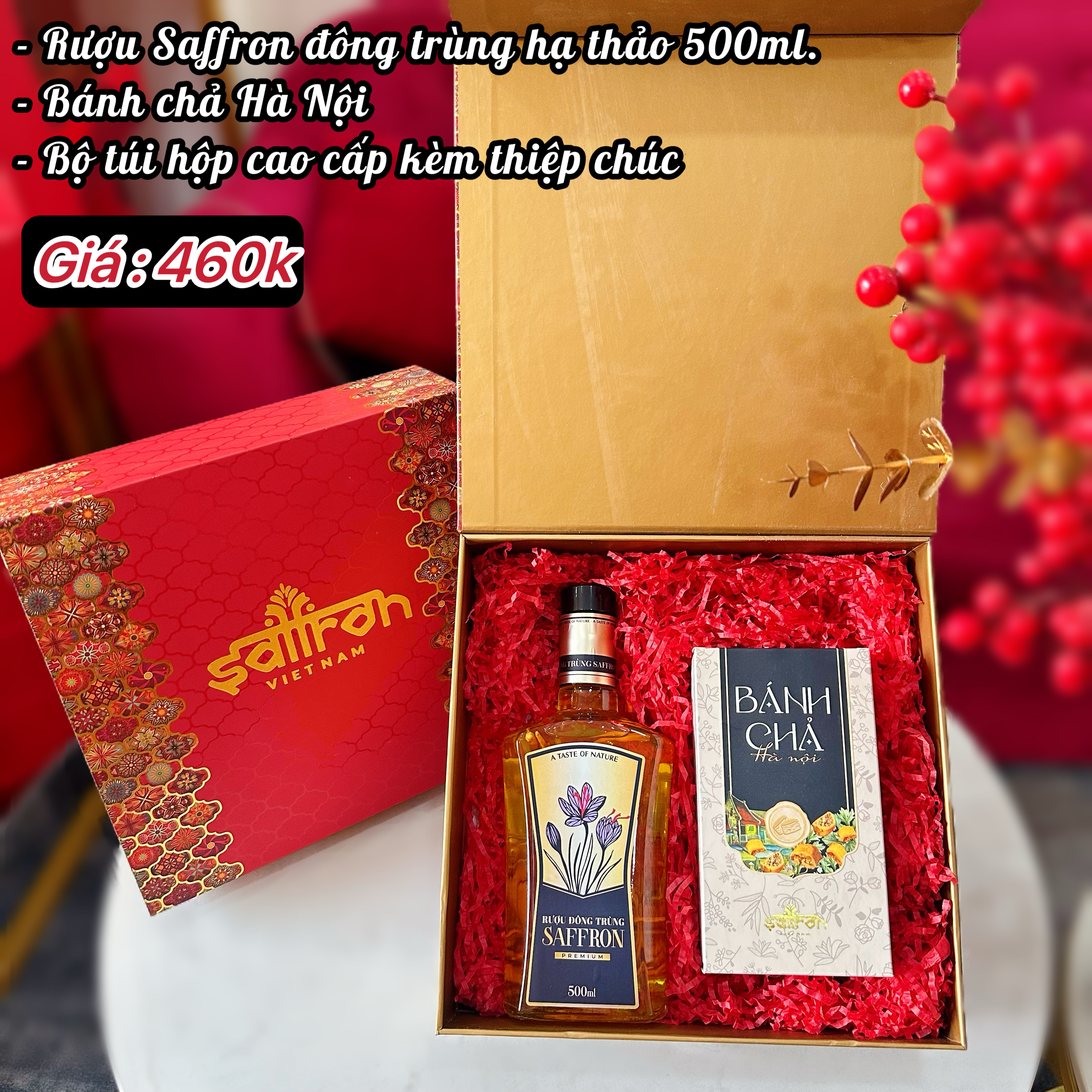 HỘP QUÀ NILA #4 [Rượu Saffron đông trùng hạ thảo 500ml + Bánh chả HN]