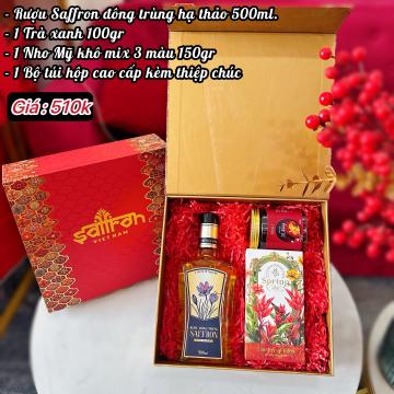 HỘP QUÀ NILA #3 [Rượu saffron đông trùng hạ thảo 500 ml + Trà xanh + Nho khô]