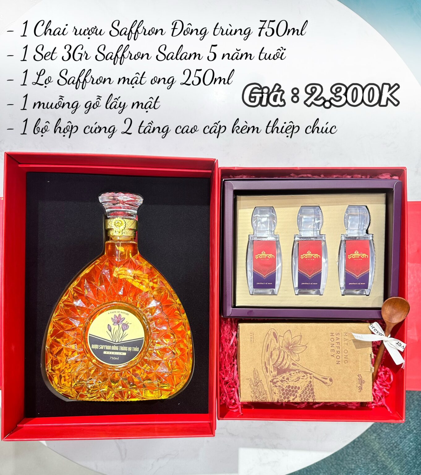 HỘP QUÀ ASHIMA - Rượu đông trùng 750ml + 3GR saffron SALAM + 1 chai mật ong saffron 250ml 