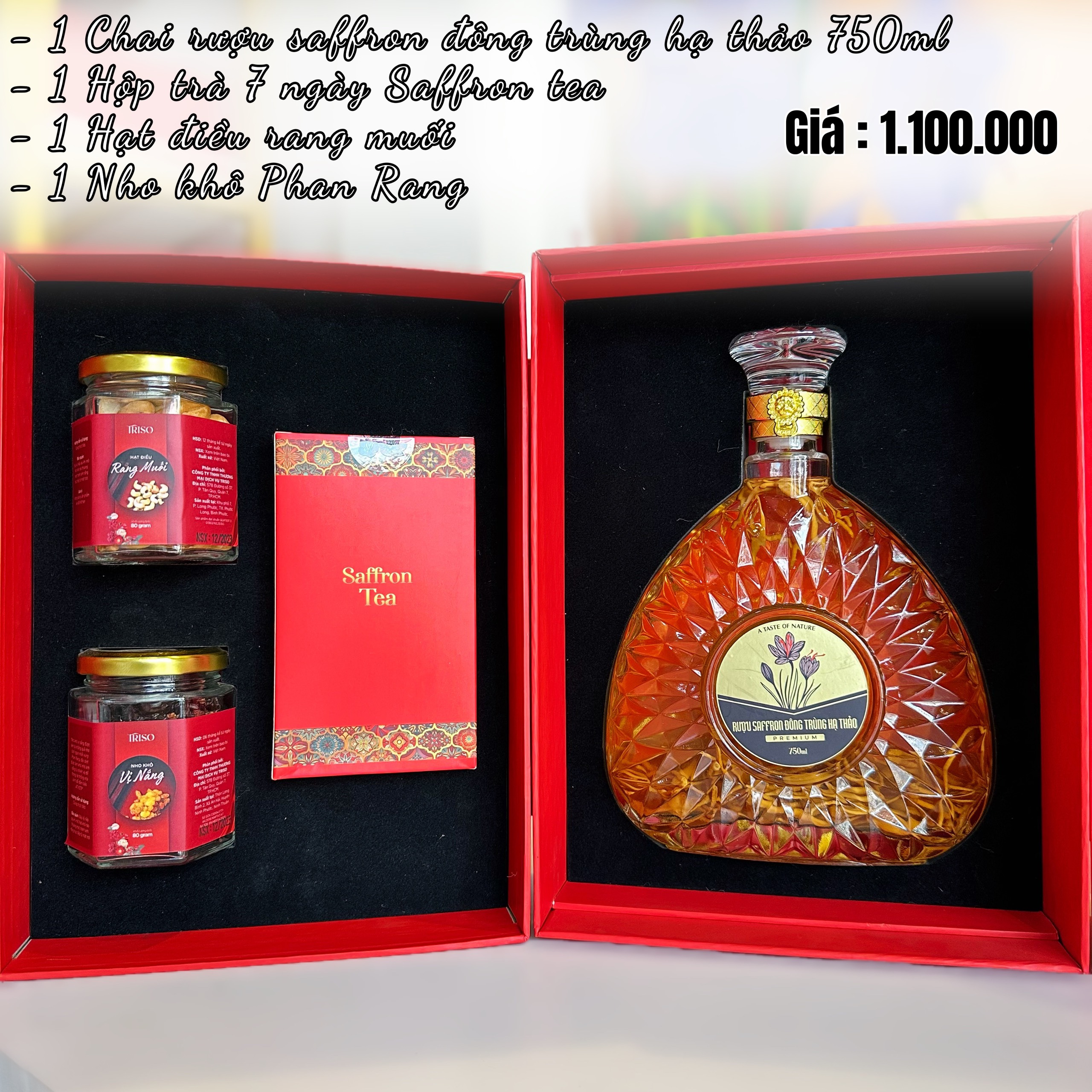 Hộp quà tết ASHIMA #4 (Rượu ĐTHT + Trà Saffron tea + 2 loại hạt)