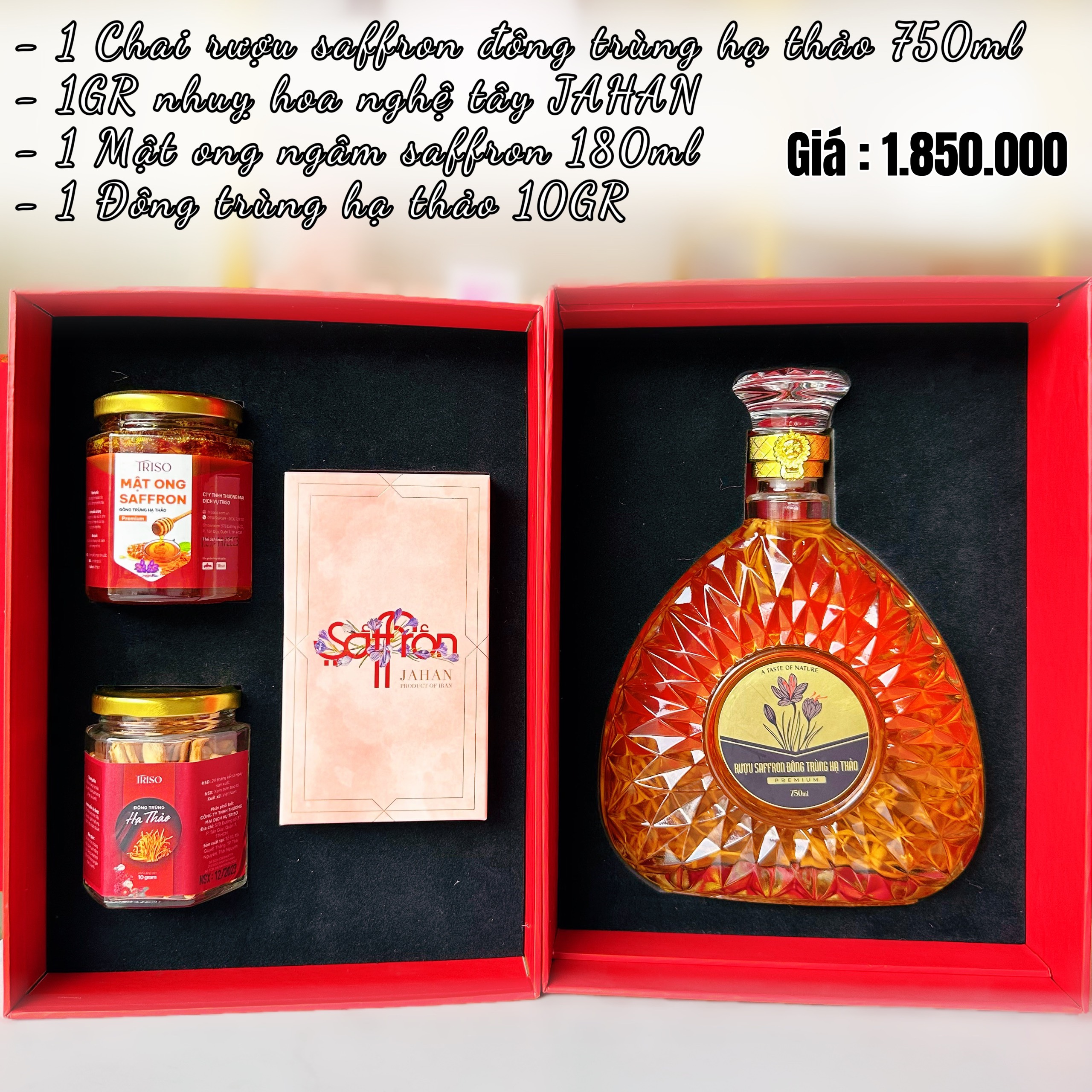 Hộp quà tết ASHIMA #7 (Rượu ĐTHT + Saffron JAHAN + Mật ong saffron + Đông trùng hạ thảo)