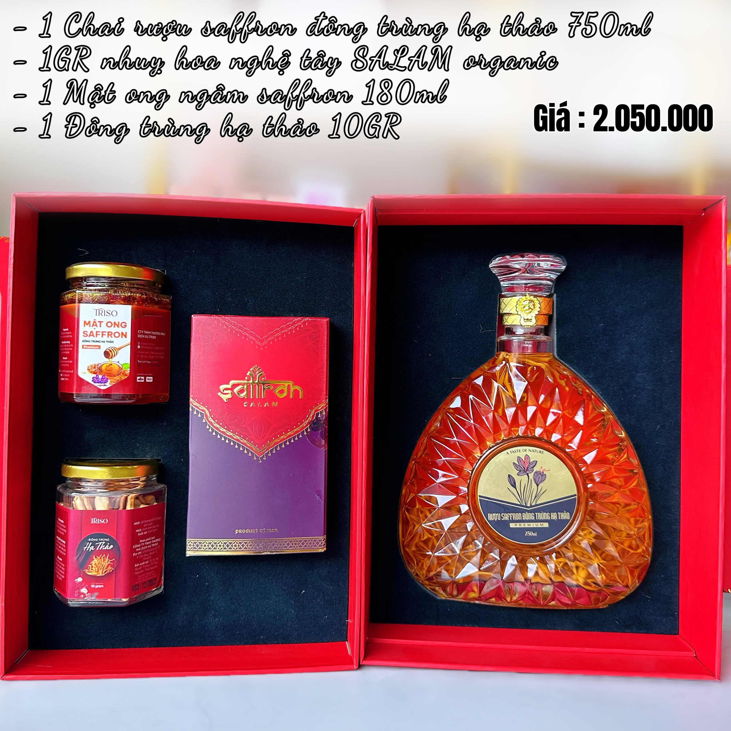 Hộp quà tết ASHIMA #9 (Rượu ĐTHT + saffron Salam + Mật ong saffron + Đồng trùng hạ thảo)