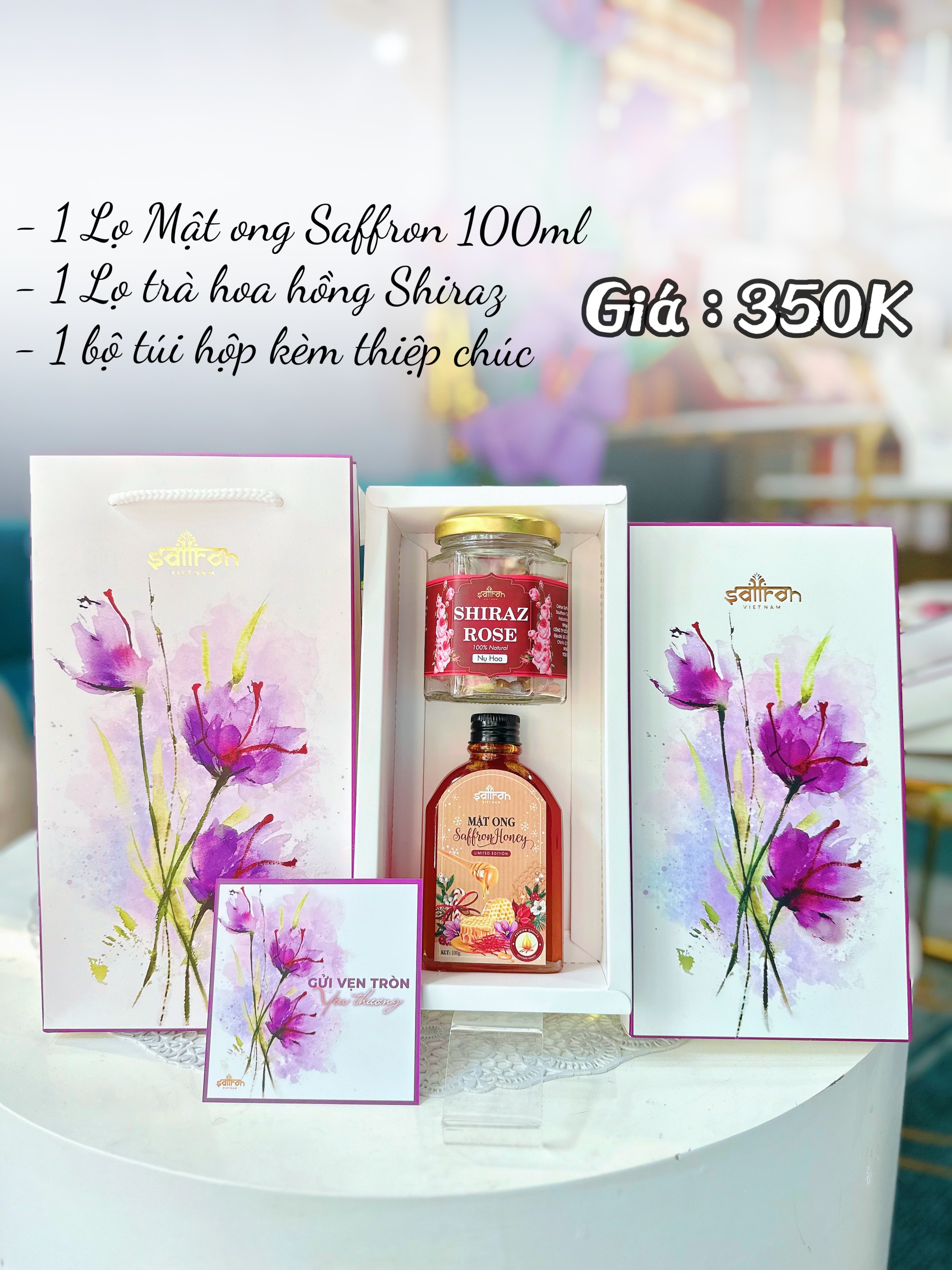 Hộp quà tết Aimee - Saffron mật ong 100ml và Trà hoa