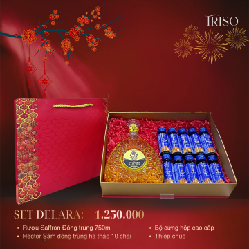 HỘP QUÀ DELARA [ Rượu Saffron đông trùng hạ thảo 750ml + Sâm đông trùng hạ thảo]