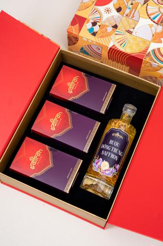 HỘP QUÀ THEA #01 - 3 hộp saffron SALAM 1gr + Chai rượu đông trùng hạ thảo 500ml